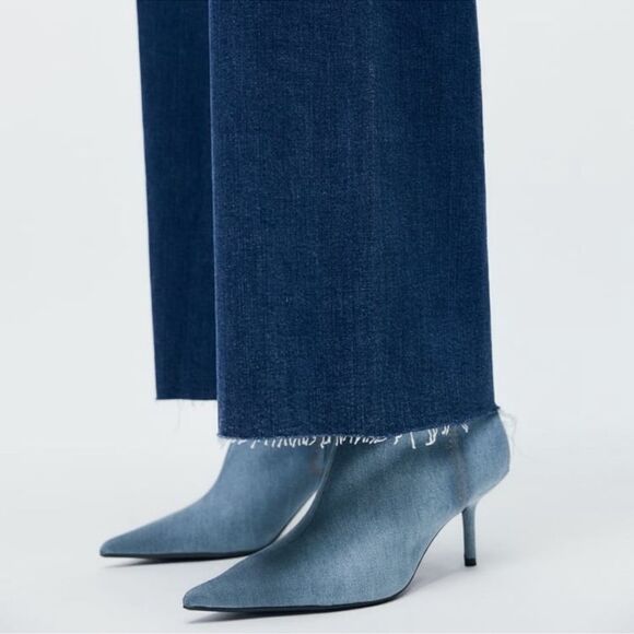 ZARA 36/6 Denim Blue Pointy Toe Heeled Ankle Booties - Picture 8 of 11